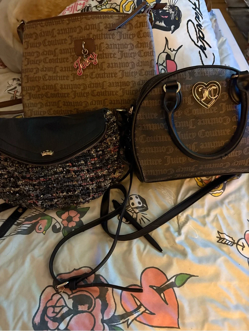 Juicy Couture Lot of 3 Monogram Crossbody with Gold Heart Logo